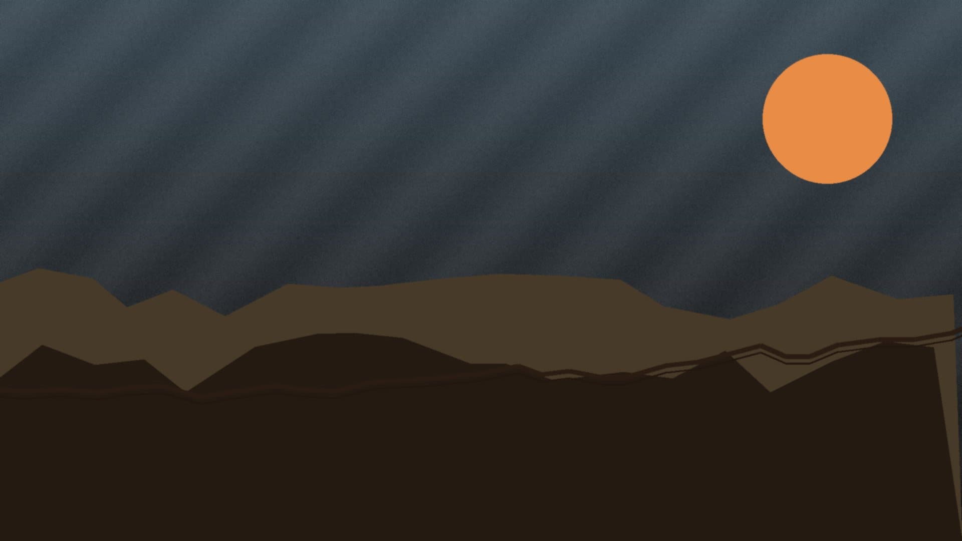 Dark ridgeline editorial landscape under a low orange sun